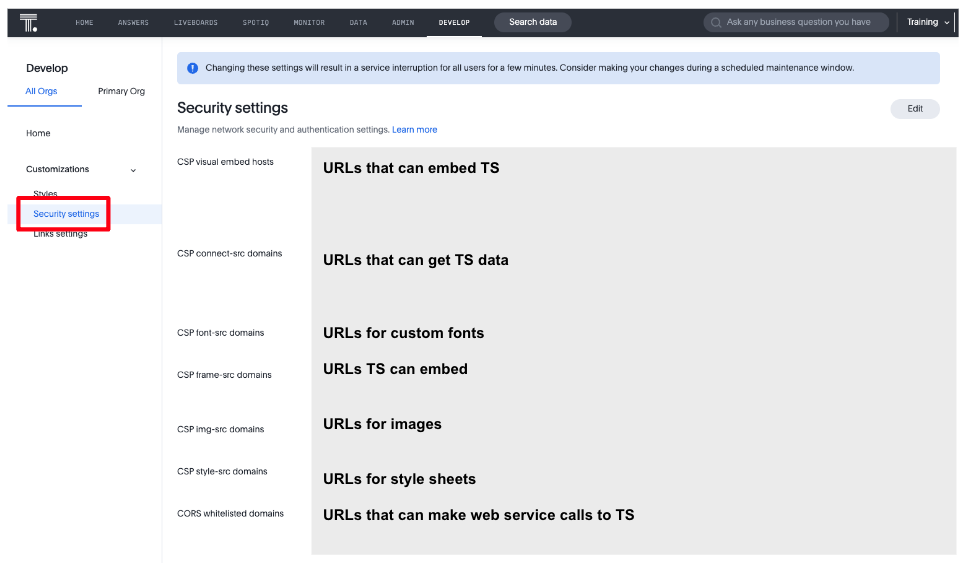 Security Settings page in ThoughtSpot UI